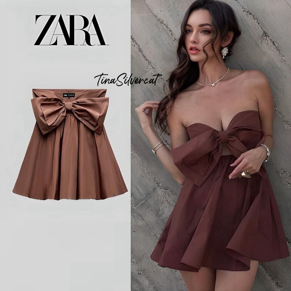 Zara Strapless Bow Mini Cocktail Dress Clay Brown S NWT